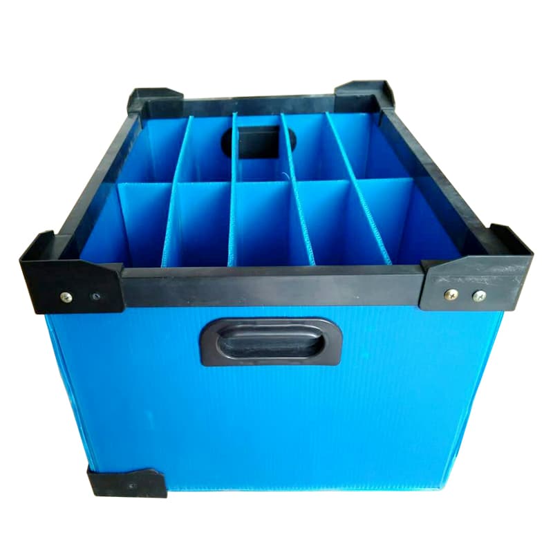 Blue corrugated plastic tote box with black reinforced edges and internal dividers