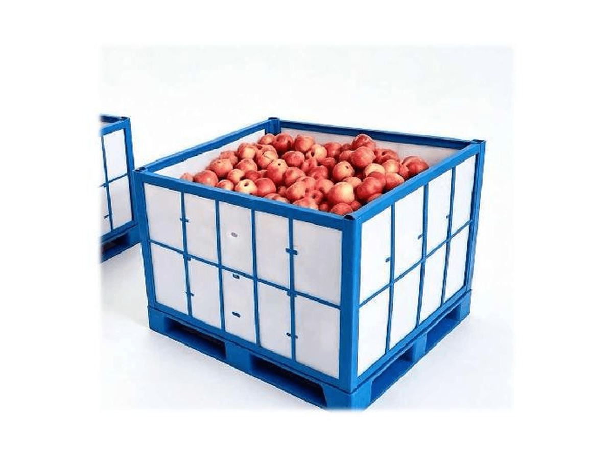 White PP corrugated produce pallet sleeve inside a blue pallet frame