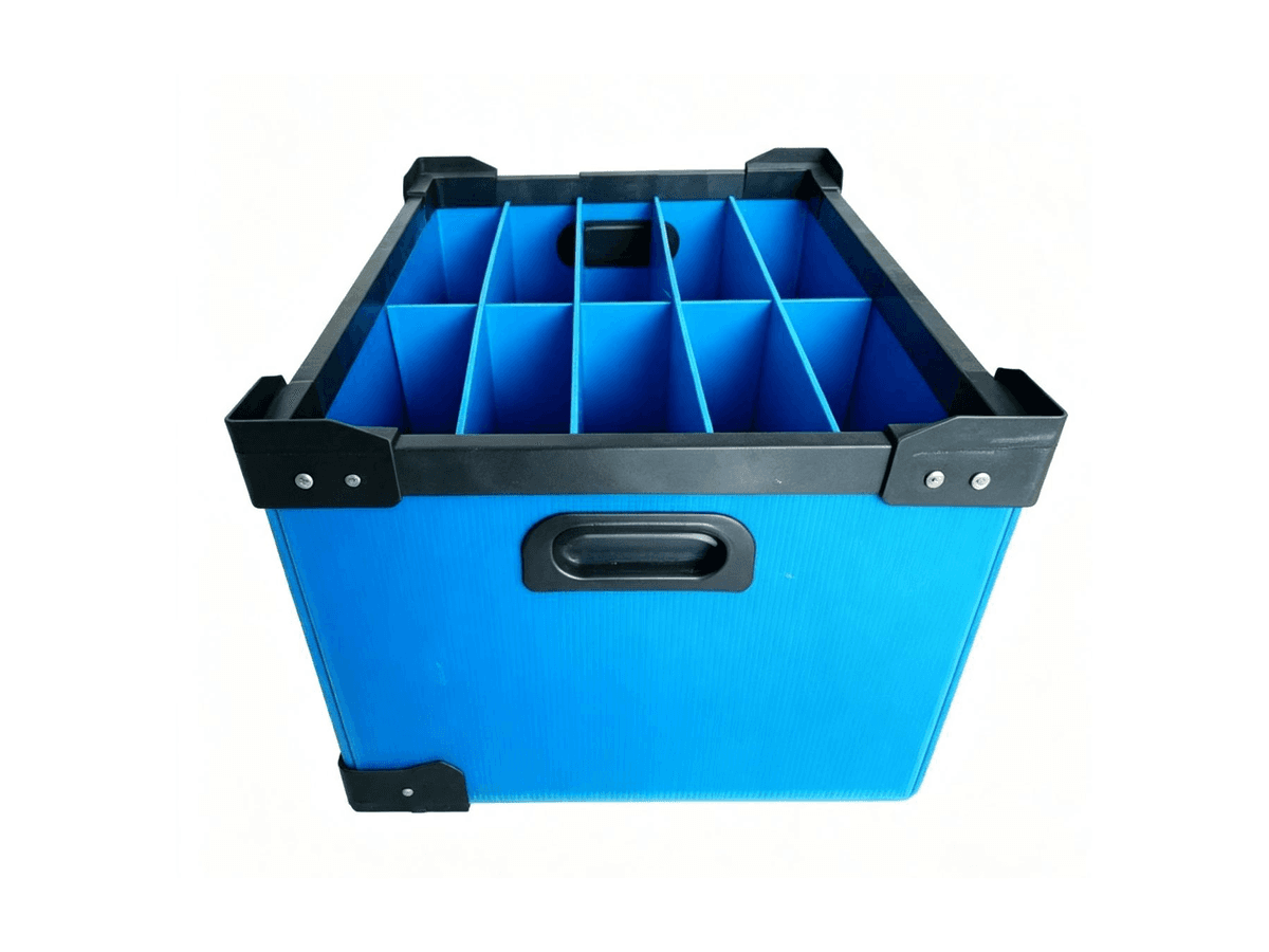 Blue reinforced PP corrugated turnover box with internal dividers