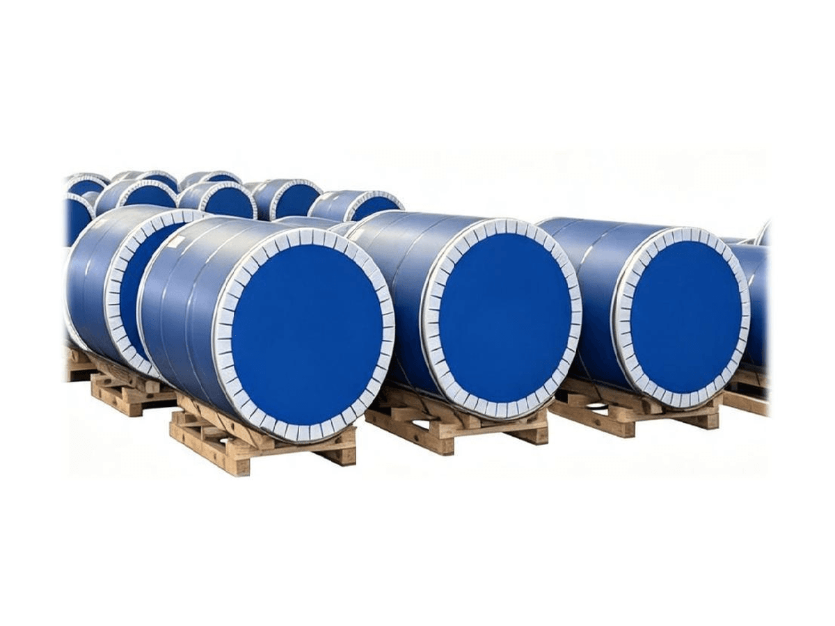 Steel coils fitted with PP edge protection around their circular edges