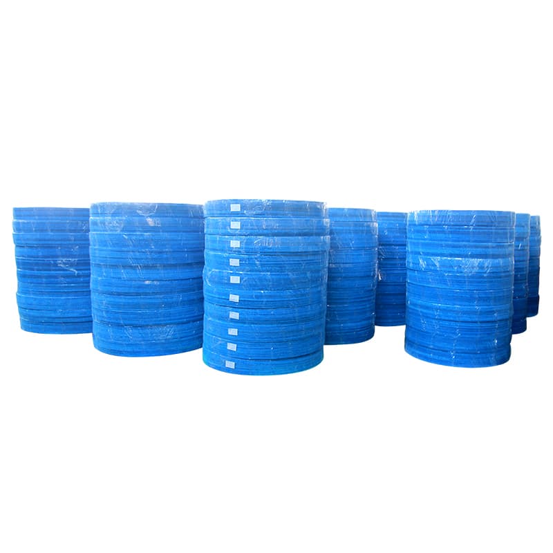 Multiple blue circular PP protective boards packed in clean wrapped stacks