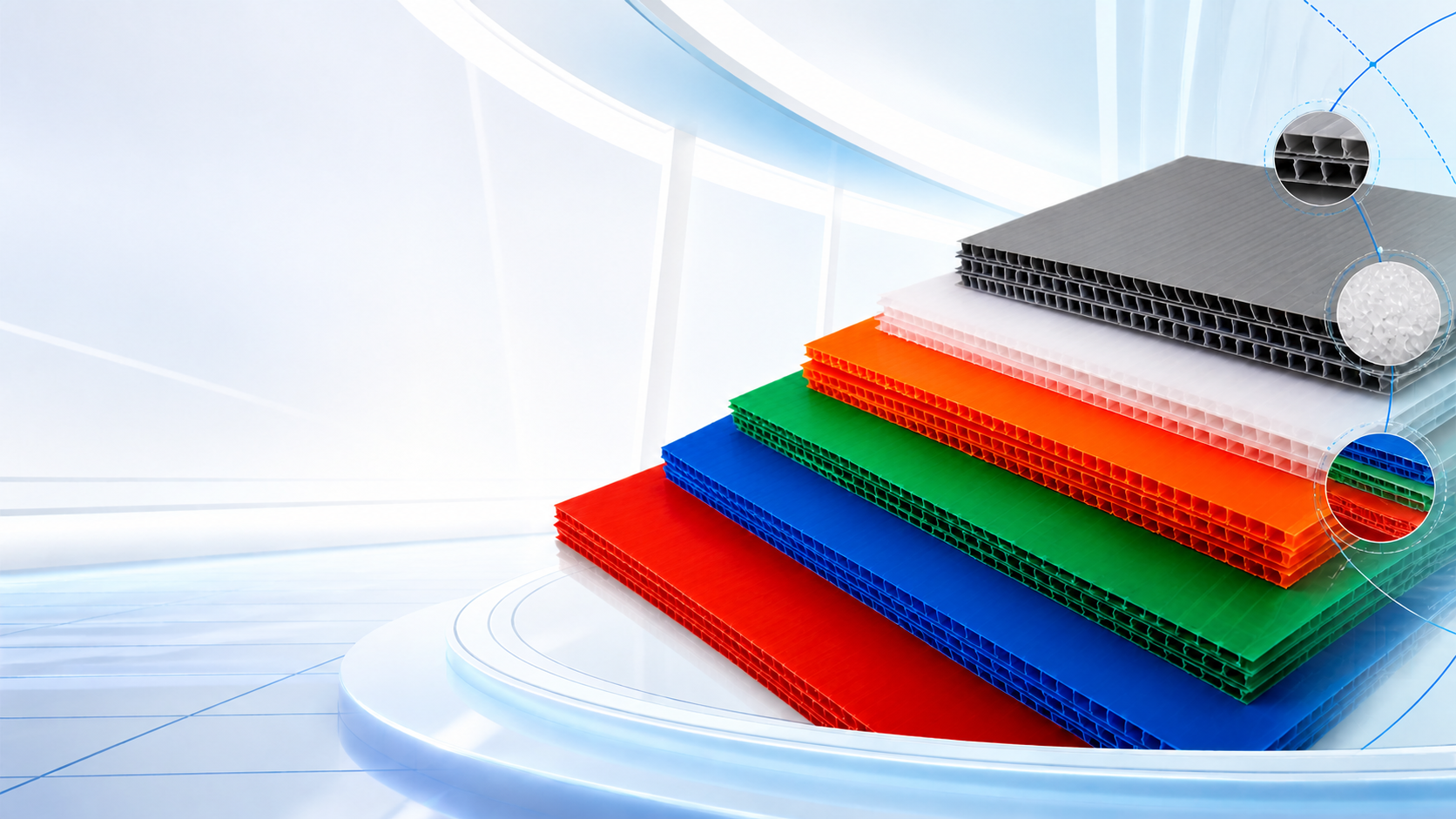 Colorful PP corrugated sheets arranged to show their hollow flute structure